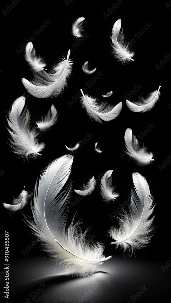 Obraz premium A black background with white feathers falling from sky
