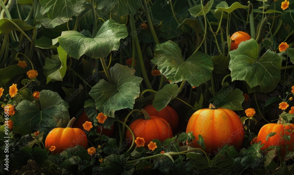 Obraz premium A close-up of bright orange pumpkins growing on a vine