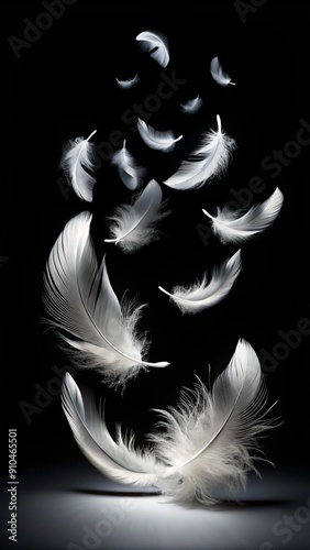 A black background with white feathers falling from sky