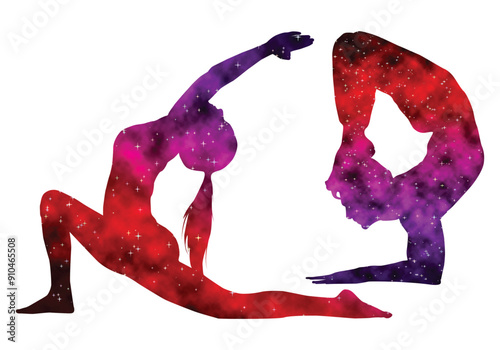 Colorful watercolor Male and female Doing Yoga vector illustration