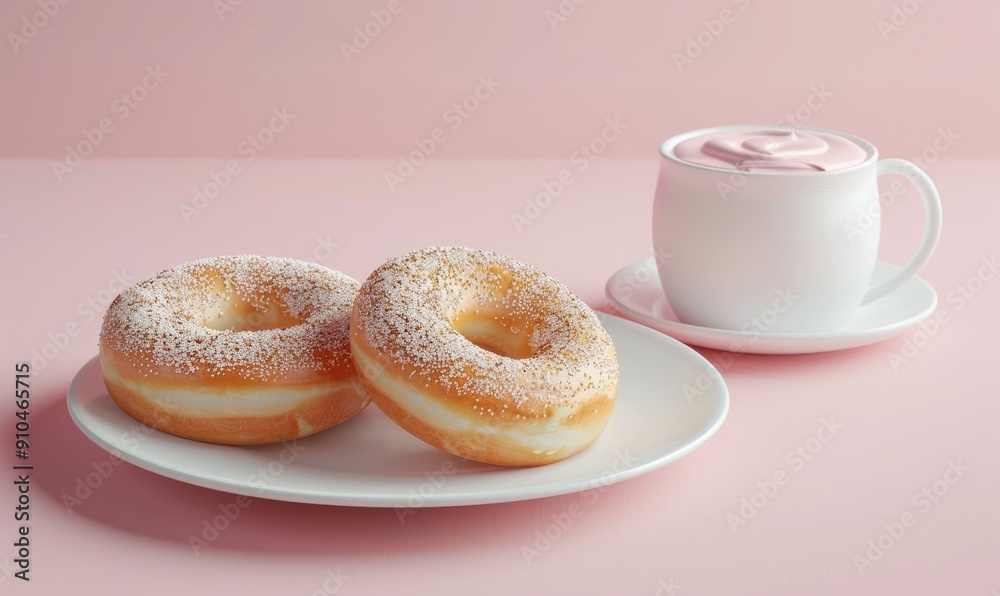 A stack of glazed donuts on a pastel pink background and a glass of iced coffee milkshake A stack of glazed donuts on a pastel pink background and a glass of iced coffee milkshake