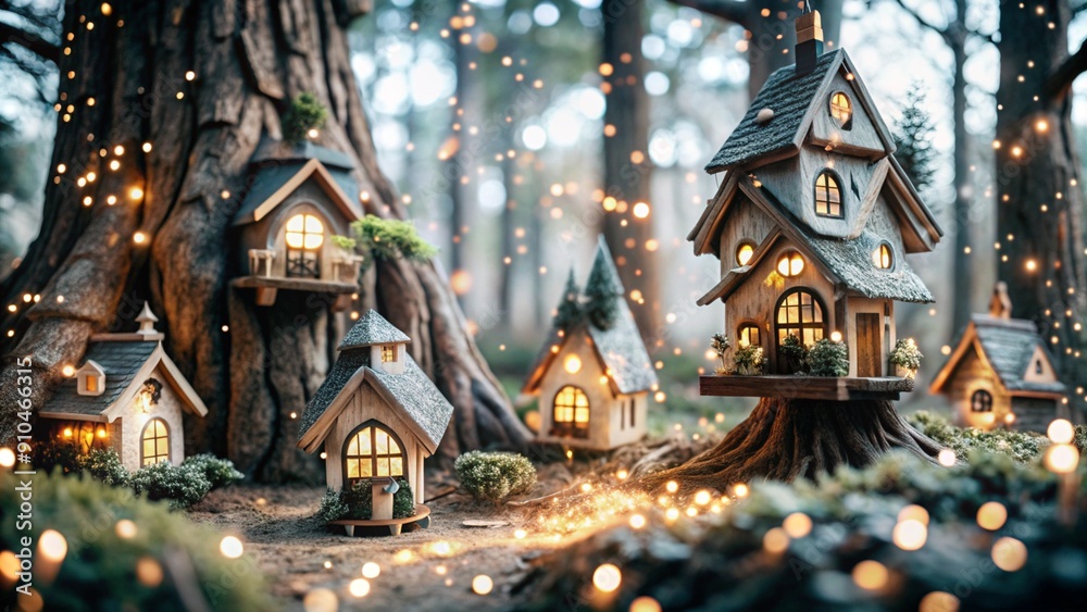 Fototapeta premium a fairy enchanted forest scene, 4K resolution, whimsical details like fairy houses built into trees, sparkling magical dust floating in the air, charming and mystical atmosphere, vibrant colors and so