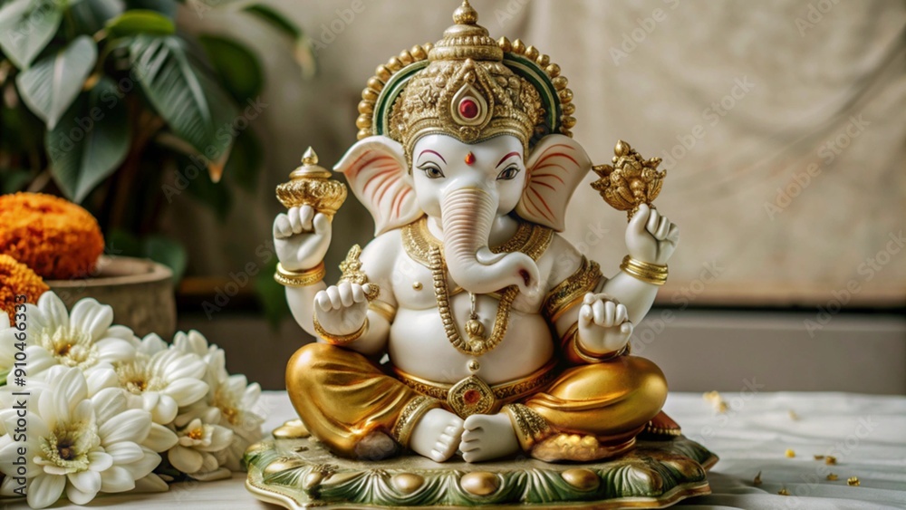 Fototapeta premium statue of Lord Ganesha, adorned with intricate jewelry, seated on a decorative pedestal, with white flowers placed on either side against a beige floral background.