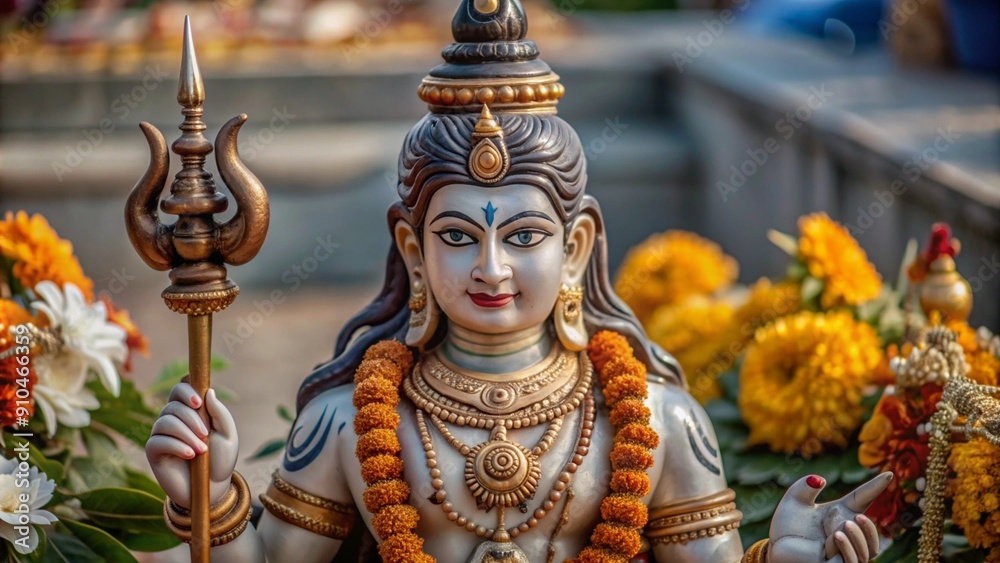 The image depicts a beautifully adorned statue of the Hindu god Shiva, surrounded by vibrant marigold flowers. The image depicts a beautifully adorned statue of the Hindu god Shiva, surrounded by vibrant marigold flowers.