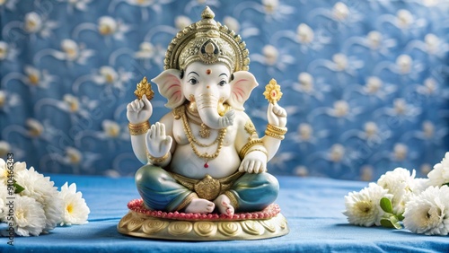 beautifully crafted statue of Lord Ganesha, adorned with intricate jewelry, seated on a decorative pedestal, with white flowers placed on either side against a blue floral background.