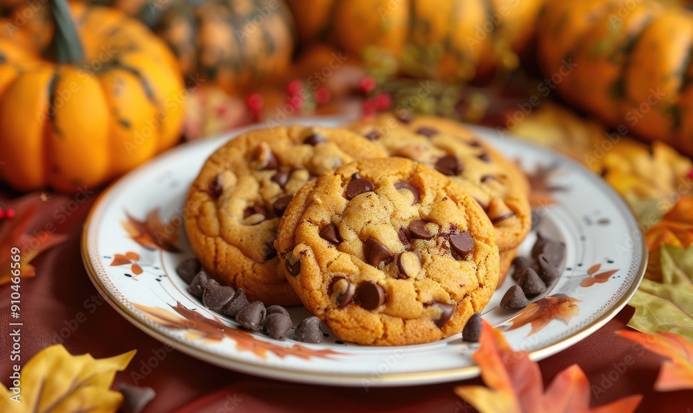 A pumpkin chocolate chip cookies on a plate with small pumpkins and autumn leaves A pumpkin chocolate chip cookies on a plate with small pumpkins and autumn leaves