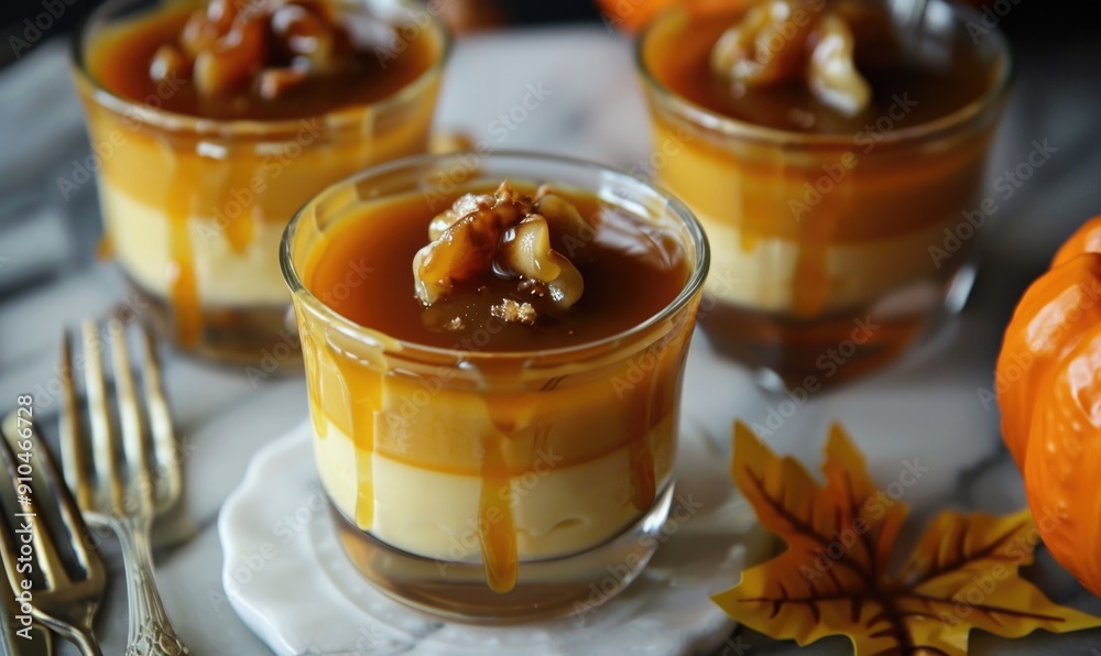 An pumpkin panna cotta topped with caramel sauce