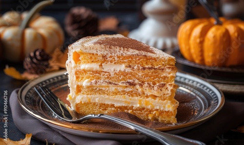 A pumpkin mousse cake with layers of pumpkin mousse and sponge cake photo