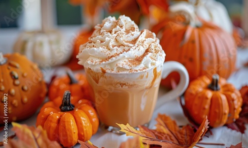 A pumpkin chai tea latte with cinnamon, surrounded by small pumpkins and autumn leaves