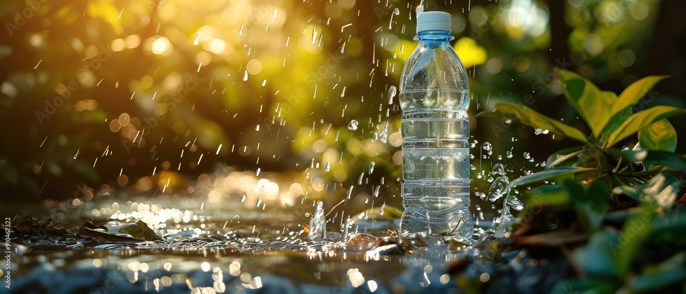 pure water bottle with water falling on it in natural environment, environmental health concept pure water bottle with water falling on it in natural environment, environmental health concept