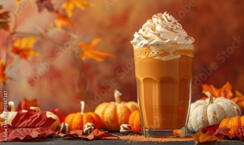 A pumpkin spice frappuccino with whipped cream and caramel photo