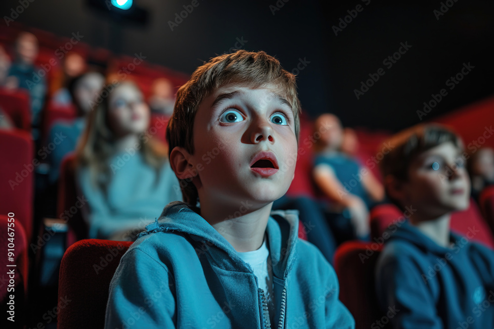 Obraz premium A little boy in the cinema with wide-open eyes and an open mouth is afraid of what he saw on the screen