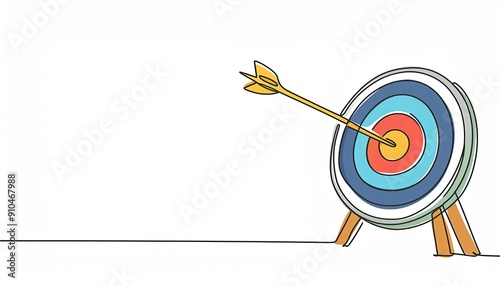 One continuous line drawing of arrow was shot bullseye to archery target board. Archery sport