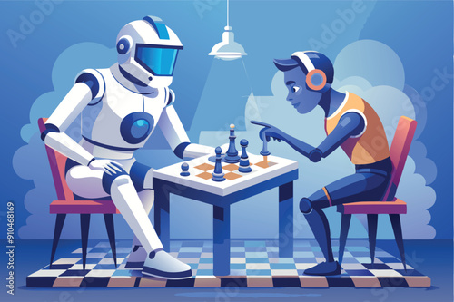 Vector illustration of robot playing chess with a man. Artificial intelligence against human mind