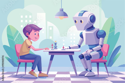 Vector illustration of robot playing chess with a man. Artificial intelligence against human mind