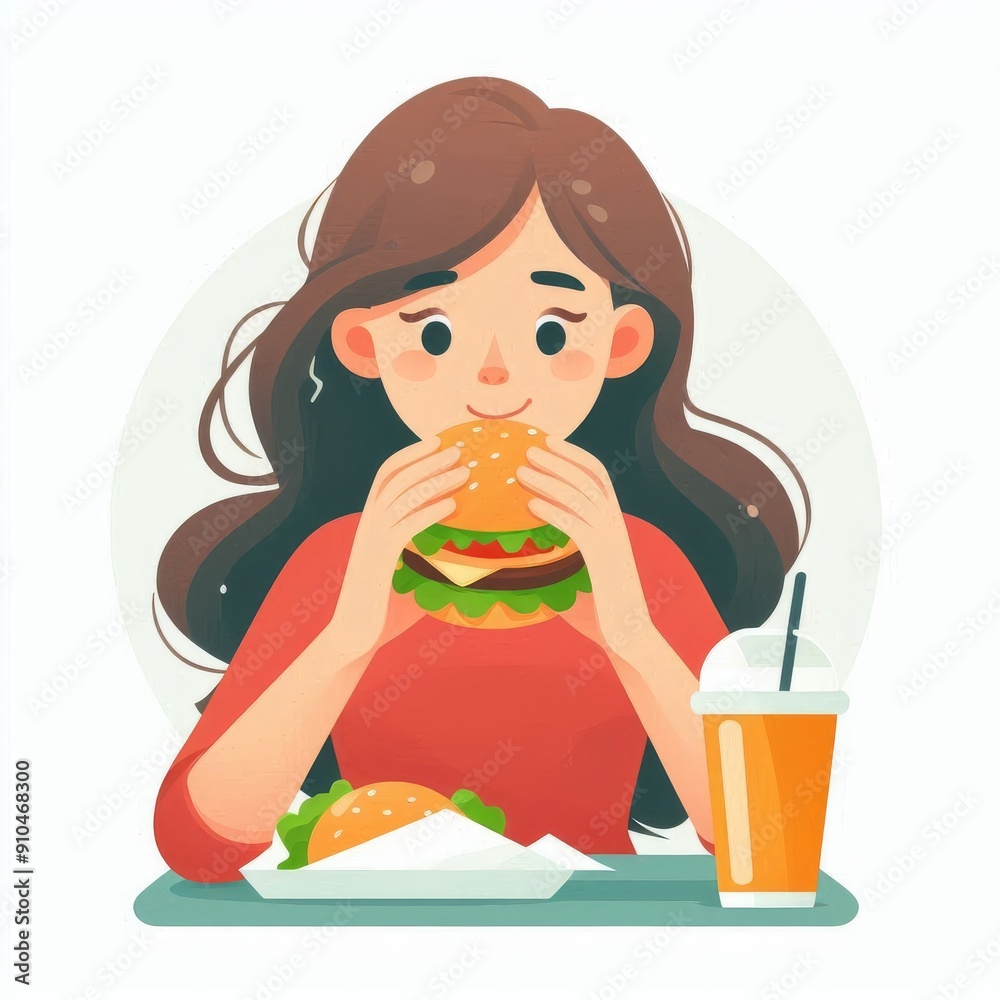 Girl is eating burger. Female character tastes fast food Girl is eating burger. Female character tastes fast food