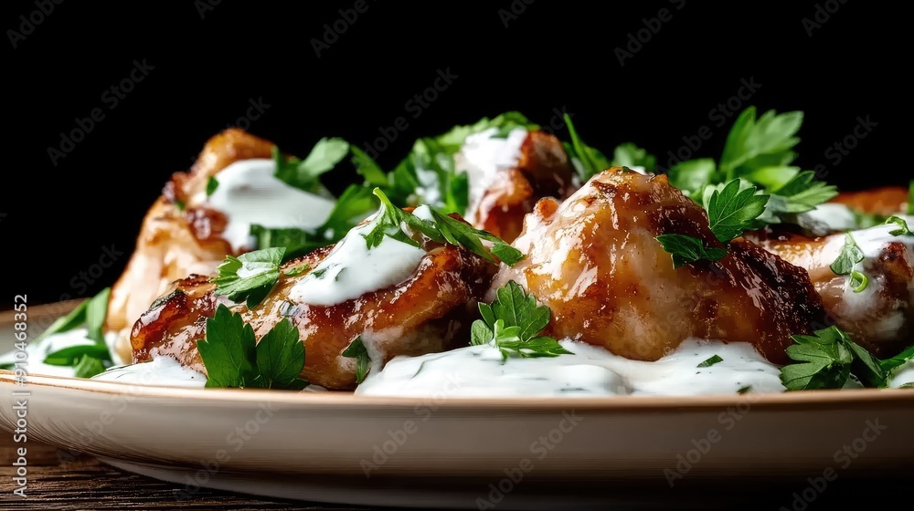 A plate of spicy chicken wings garnished with fresh herbs alongside a small bowl of tangy dipping sauce A plate of spicy chicken wings garnished with fresh herbs alongside a small bowl of tangy dipping sauce