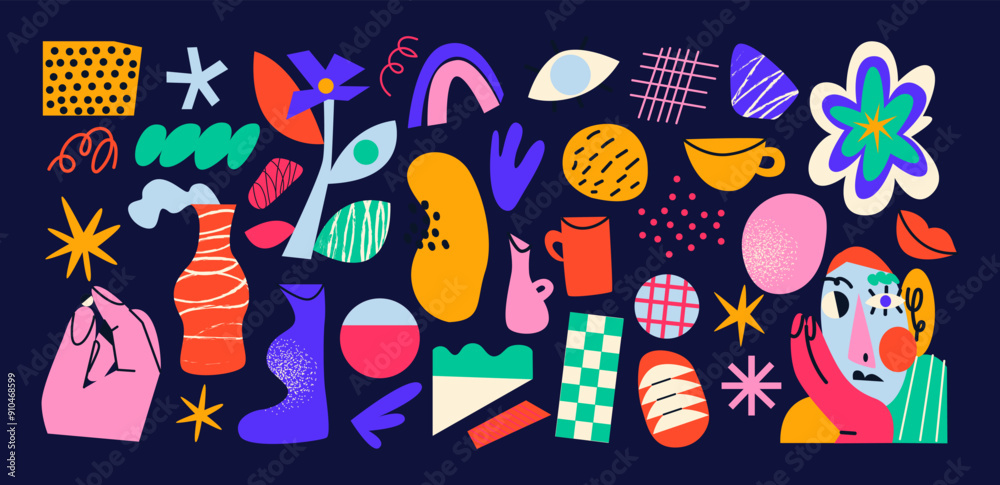 Set cartoon doodle abstract stickers in the retro groovy 90s style. Hippie design elements, flowers, pets, fruits. Acid bright sticker pack Set cartoon doodle abstract stickers in the retro groovy 90s style. Hippie design elements, flowers, pets, fruits. Acid bright sticker pack