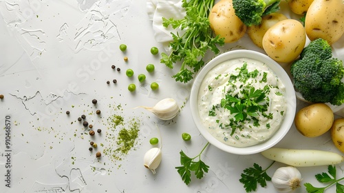 Fresh potatoes, broccoli, and garlic with a bowl of creamy herb dip on a white surface