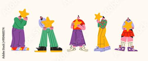 Consumer reviews feedback. People rate the service and rate the quality 5 stars. Vector characters leave positive reviews.