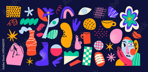 Set cartoon doodle abstract stickers in the retro groovy 90s style. Hippie design elements, flowers, pets, fruits. Acid bright sticker pack