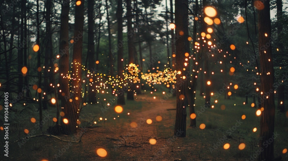   A well-lit path runs through the heart of a dense forest, surrounded by trees adorned with glowing ornaments on either side