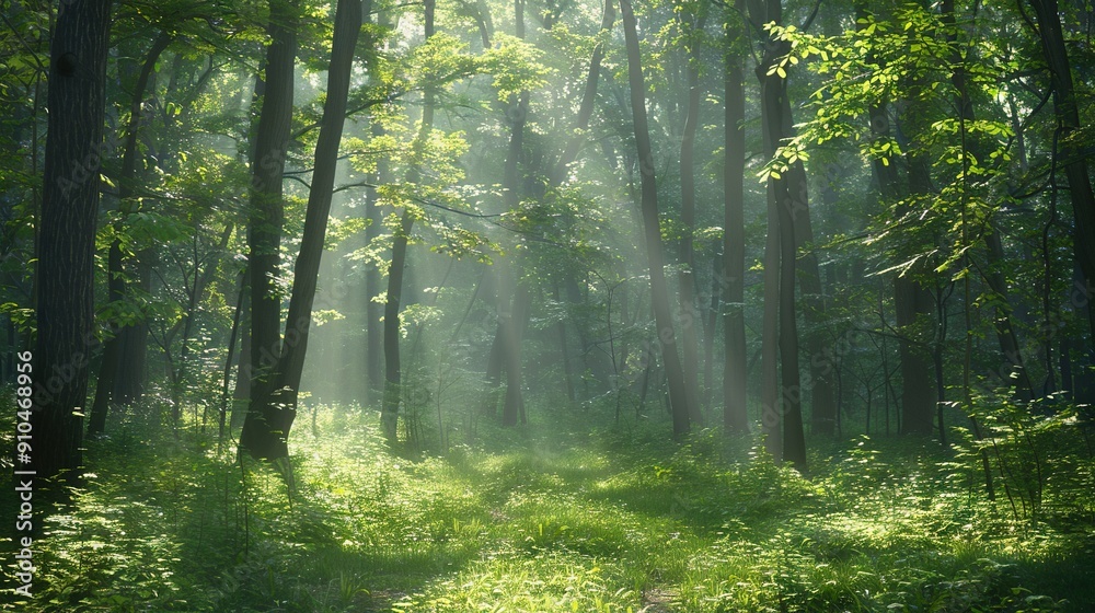 Obraz premium A verdant forest brims with numerous trees and a lush green ground carpeted beneath them, bathed in radiant sunlight filtering through the foliage