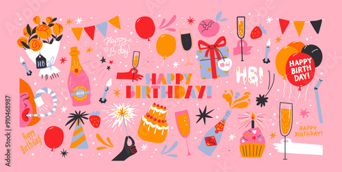 Happy Birthday stickers in cartoon retro 90s style. Minimalist shapes. Celebration congratulations patches with cakes, sweets and animals. Vector bright template for party, event.	