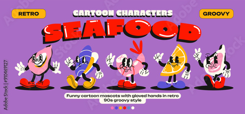 Cartoon mascots seafoods. Products of marine origin: shrimp, mussels, clams, oysters, lemon with emotions and gloved hands. Comic characters, trendy doodle retro 90s poster.