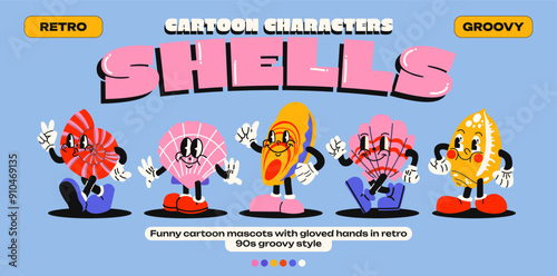 Cartoon mascots shells. Marine elements mollusks and starfish, plankton, shells of various shapes from the ocean or sea shore with emotions and gloved hands. Comic characters, trendy doodle retro 90s 