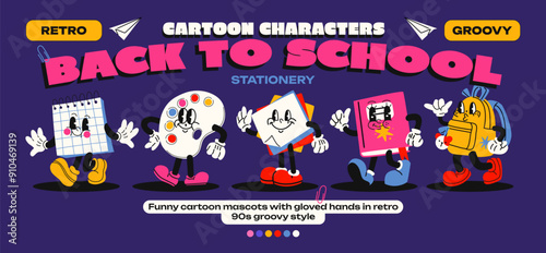Cartoon mascots stationery. Back to school, school elements backpack, notebook, notes, palette with emotions and gloved hands. Comic characters, trendy doodle retro 90s poster.