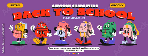 Cartoon mascots school bags. Back to school, set of different school bags and briefcases with emotions and gloved hands. Comic characters, trendy doodle retro 90s poster.