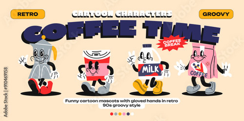 Cartoon mascots coffee. Coffee set: turk, coffee maker, milk, different types of water, latte, cappuccino, americano with emotions and gloved hands. Comic characters, trendy doodle retro 90s poster.
