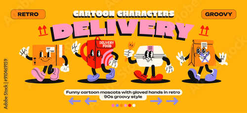 Cartoon mascots delivery. Fast food delivery service, parcels, couriers, box, courier backpack, package with emotions and gloved hands. Comic characters, trendy doodle retro 90s poster.