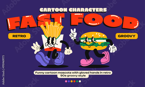 Cartoon mascots fast food. French fries and  burger with emotions and gloved hands. Comic characters, trendy doodle retro 90s poster.
