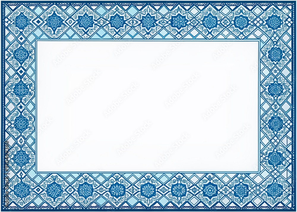 Obraz premium Intricately designed blue geometric border with ornate patterns and subtle gradients, perfect for adding sophistication to certificates, invitations, and awards on a transparent background.