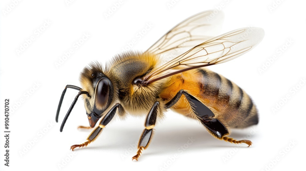 A honey bee showcases its intricate body structure and wings against a clean white background, emphasizing its significance in nature A honey bee showcases its intricate body structure and wings against a clean white background, emphasizing its significance in nature
