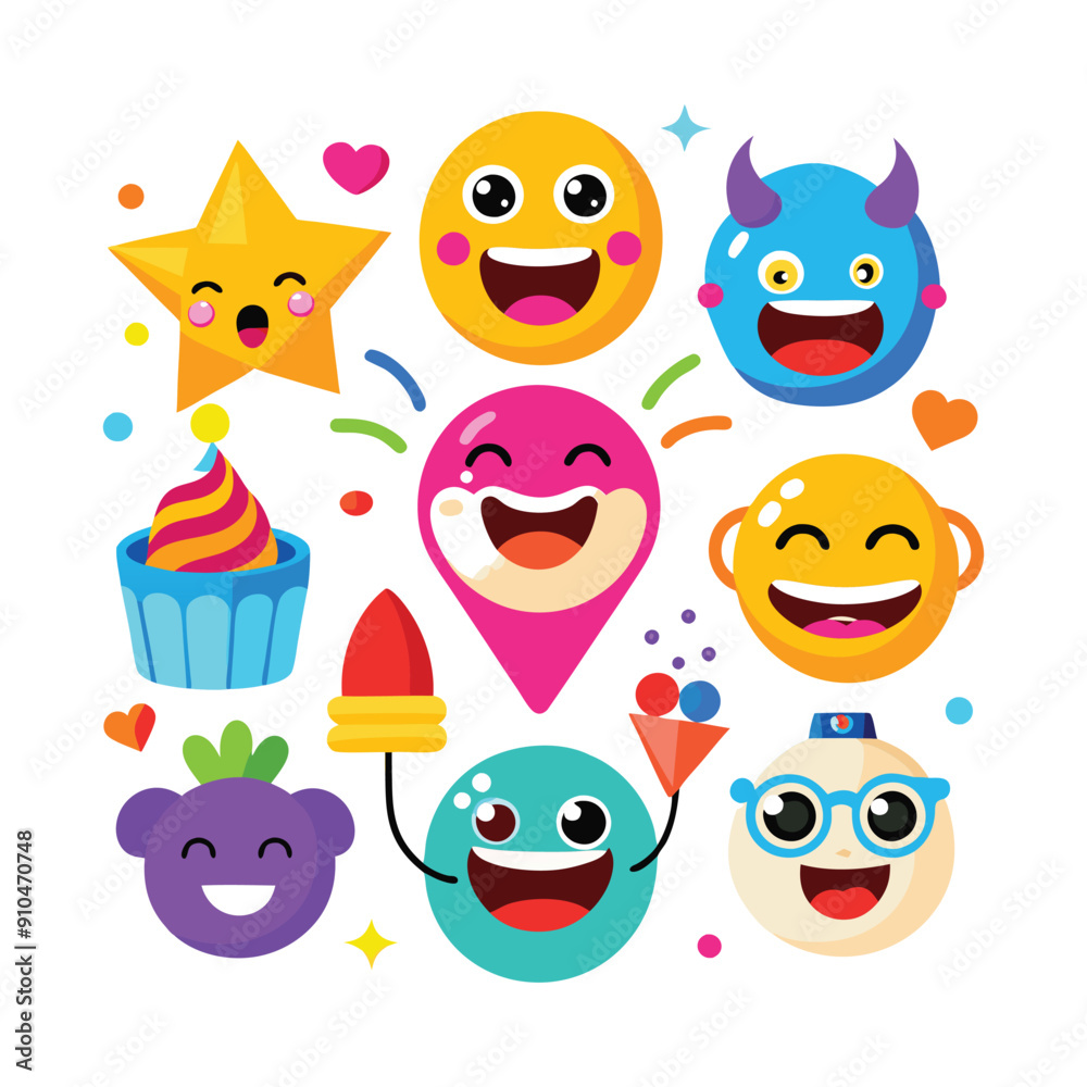 10 various colorful funny events emoji set