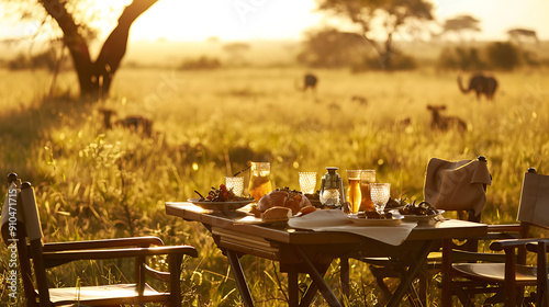 Romantic dinner table setting with golden light, brown chairs, and green grass, perfect for a safari honeymoon. 
