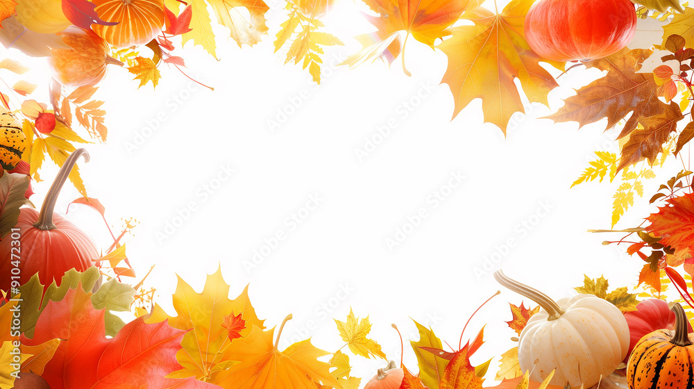 Wallpaper for autumn with an area for text. A white background framed by pumpkins, autumn leaves, and rowan and viburnum berries.