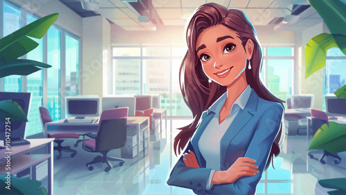 Happy Smiling Girl in Business Suit Against Background of Spacious Bright Office Cartoon Environment Illustration Professional Workspace Office Interior Business Setting Graphics