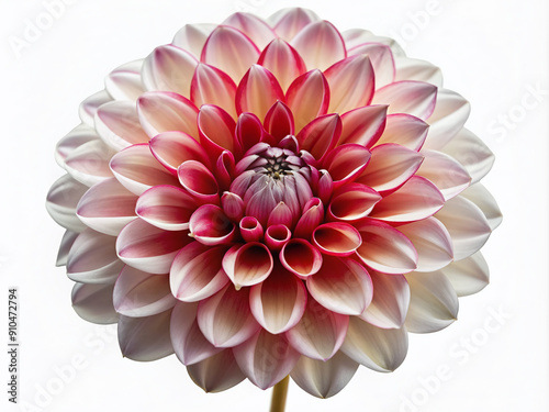 Isolated on a pure white background, a single, showy white and red dahlia bloom boasts a delicate, cupped center and layered, curved petals in a vibrant display.