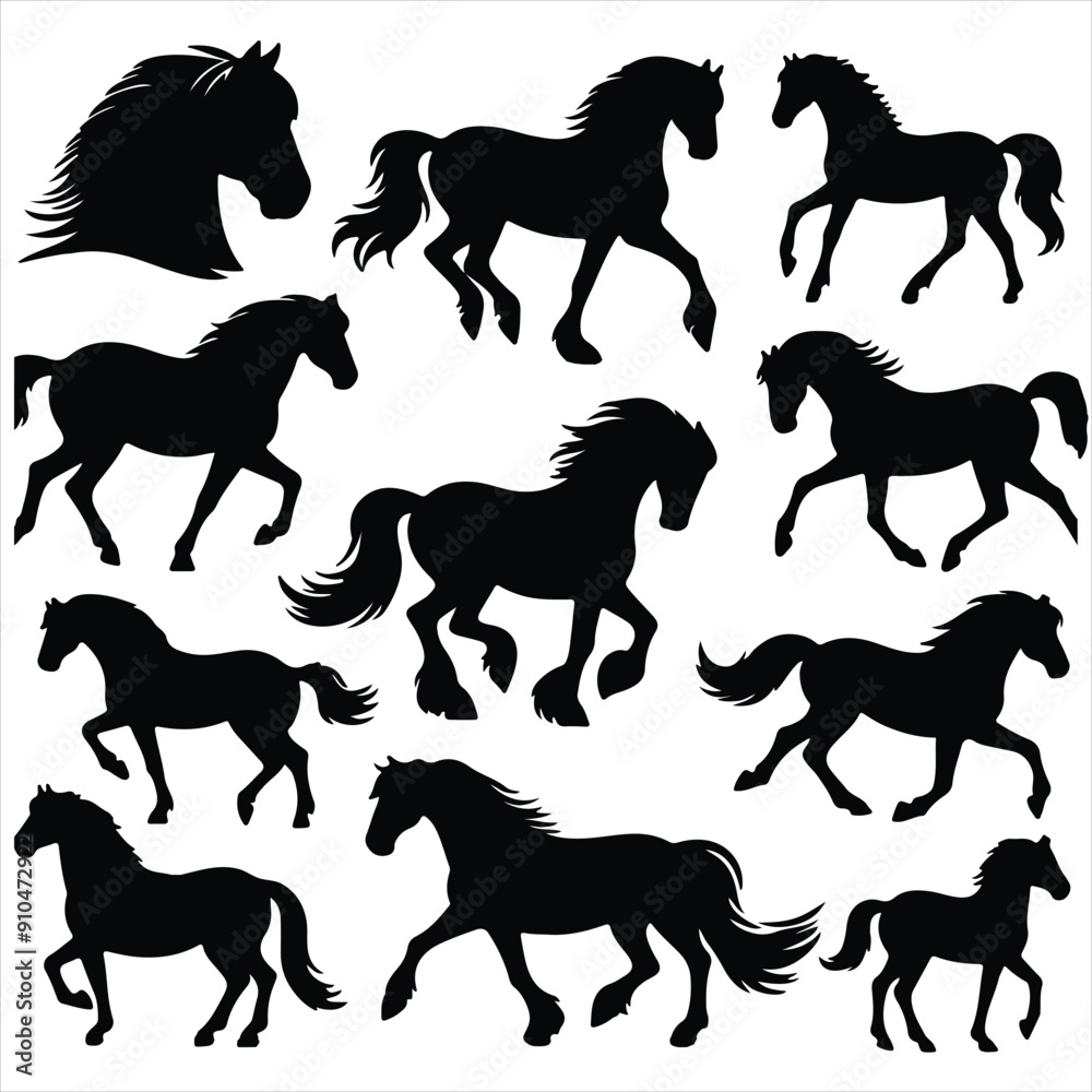 black horse silhouette set with white background