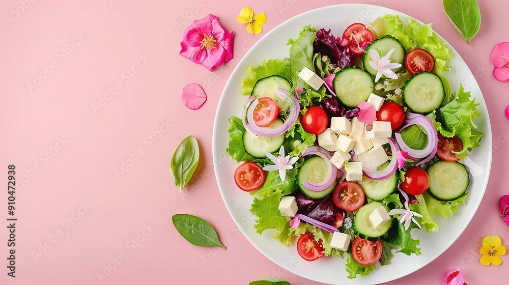  Cucumbers, Tomatoes, Onion, Lettuce on Pink Background