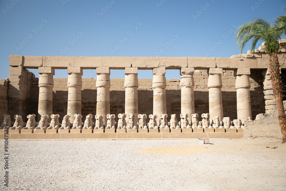 Beautiful view of ram sculptures in ancient Karnak Temple in Luxor, Egypt