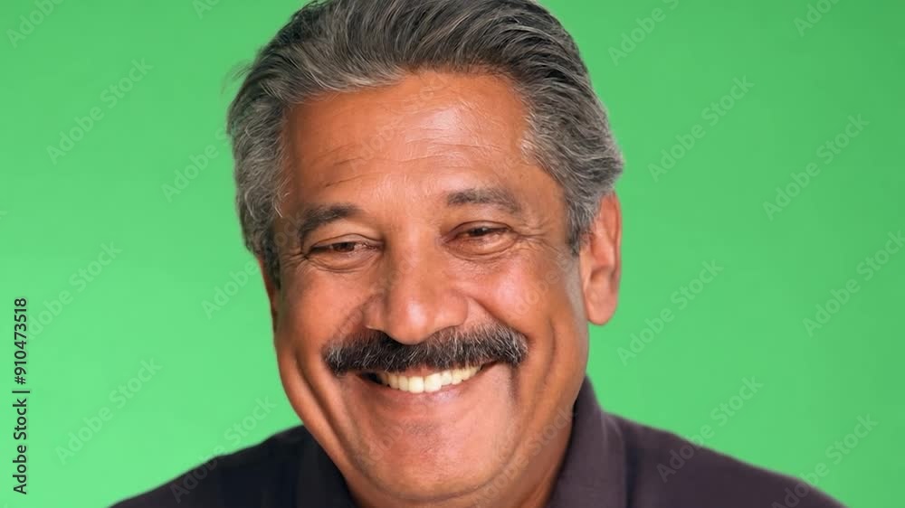 A cheerful man with a mustache displays a broad smile, illuminated by soft light in a green indoor setting A cheerful man with a mustache displays a broad smile, illuminated by soft light in a green indoor setting