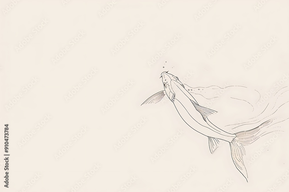 Fototapeta premium A clean, white background with a single, elegant line drawing of a fish swimming. The simplicity and grace of the lines convey a sense of freedom and fluidity.