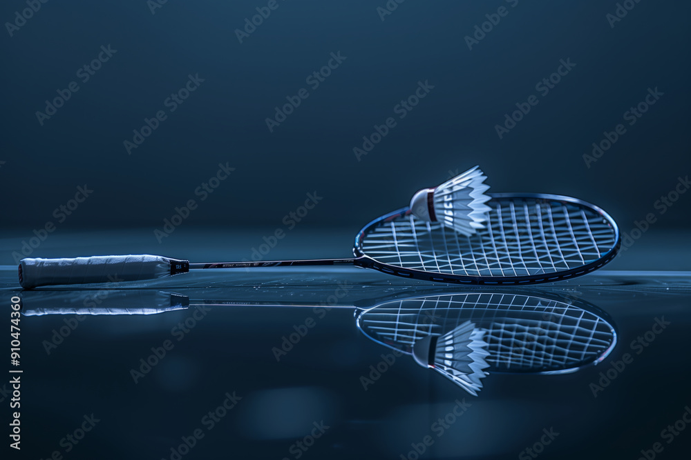 Dynamic Badminton Shuttlecock and Racket Resting on Reflective Surface in Soft Ambient Light Dynamic Badminton Shuttlecock and Racket Resting on Reflective Surface in Soft Ambient Light