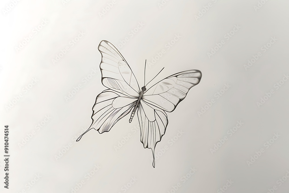 Obraz premium A clean, white background with a single, elegant line drawing of a butterfly in flight. The simplicity and grace of the lines convey a sense of freedom and lightness.