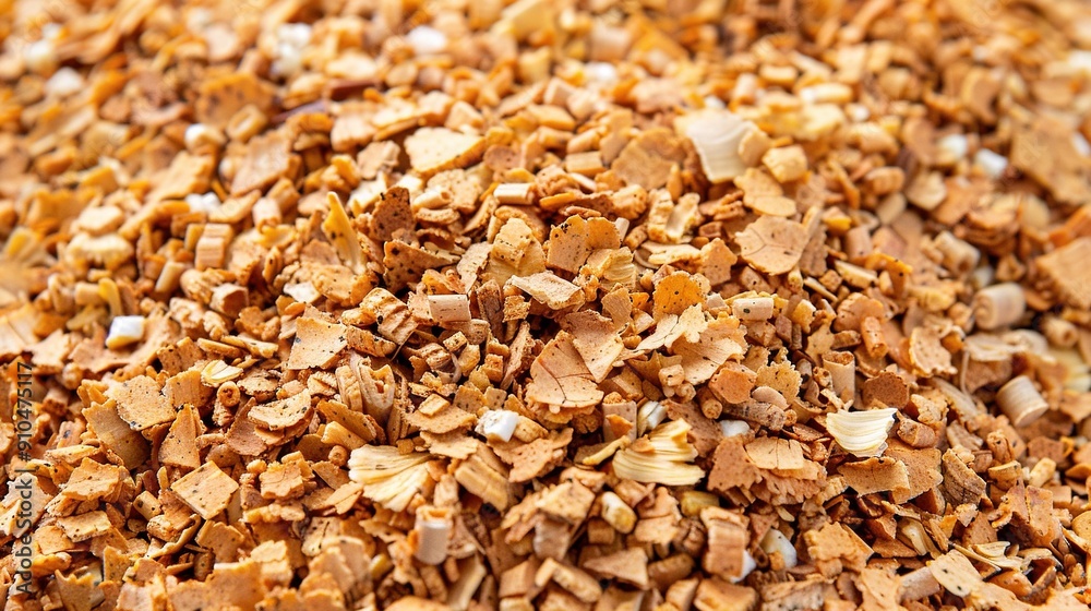 A stack of golden granola atop a wood table alongside a pepperoni pizza on a platter A stack of golden granola atop a wood table alongside a pepperoni pizza on a platter